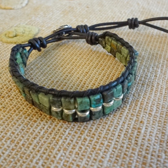 Square African Turquoise Leather Wrap Bracelet - Picture 2 of 6